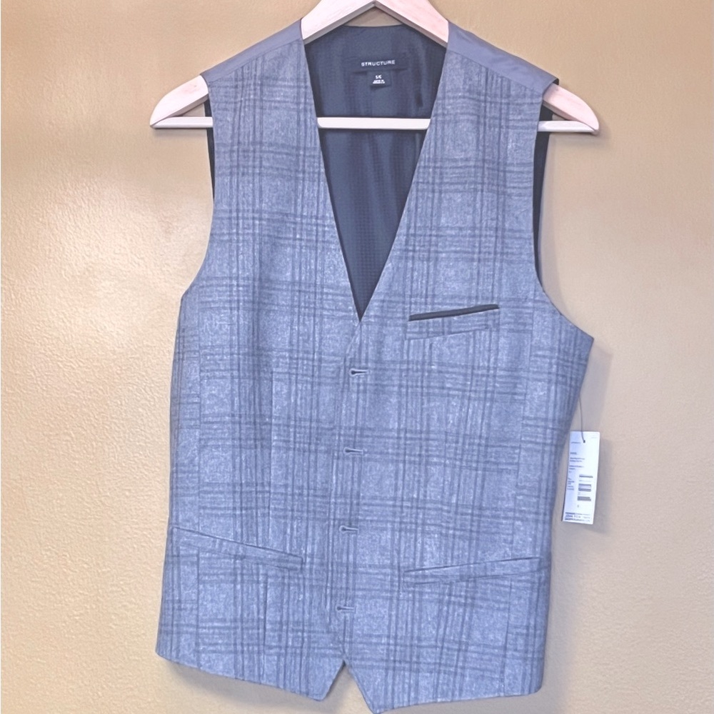 Structure, wool blend smoky, grey, plaid vest with pocket